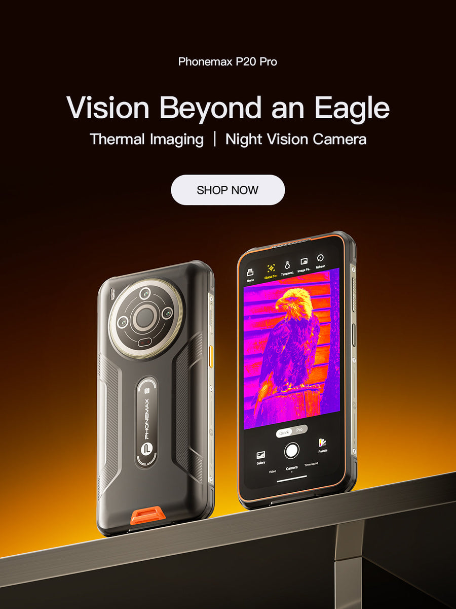 Phonemax P20 Pro shown from front and rear with thermal imaging and night vision displays
