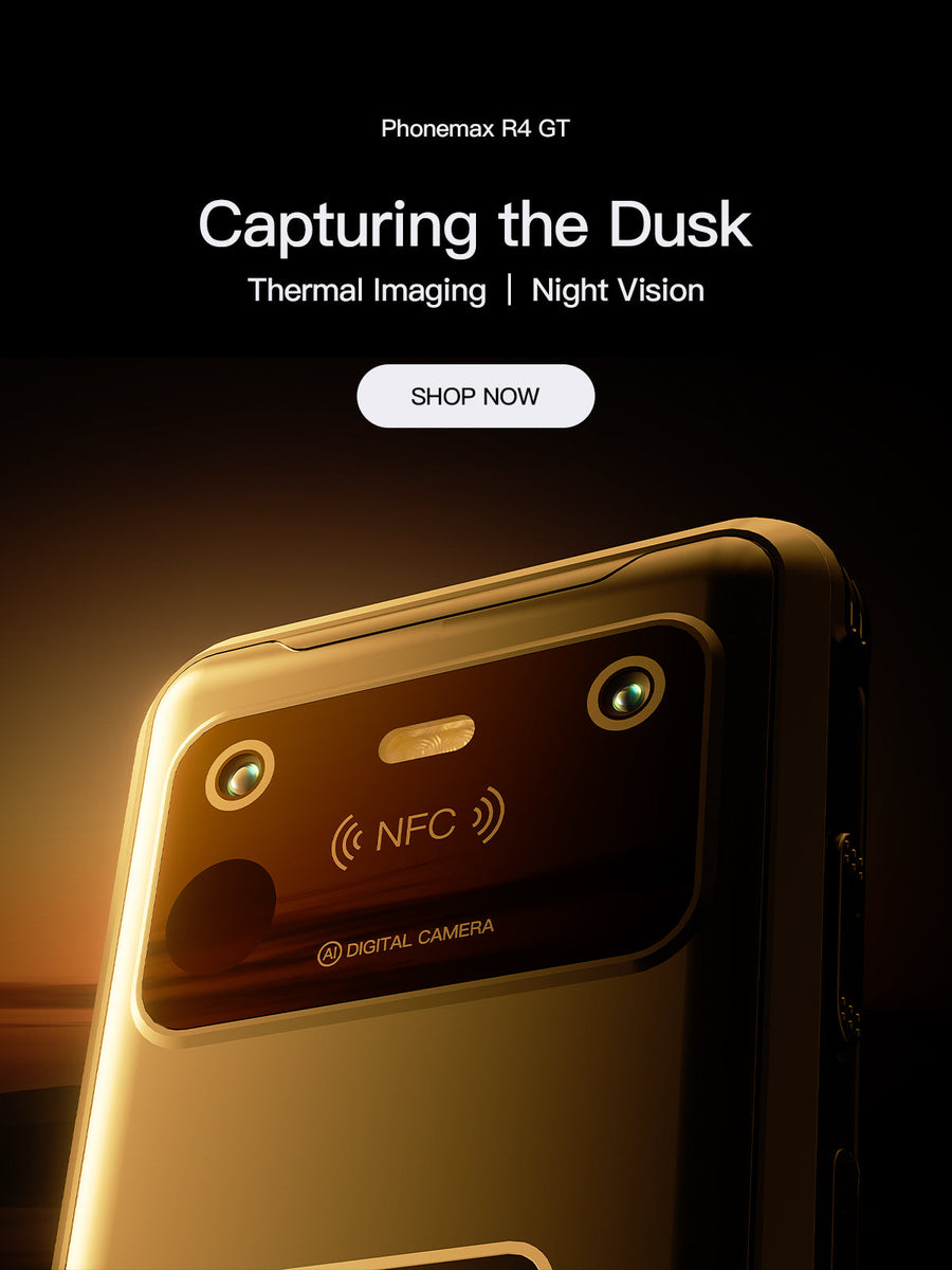 Close-up of a Phonemax R4 GT rear camera module highlighting thermal imaging and night vision