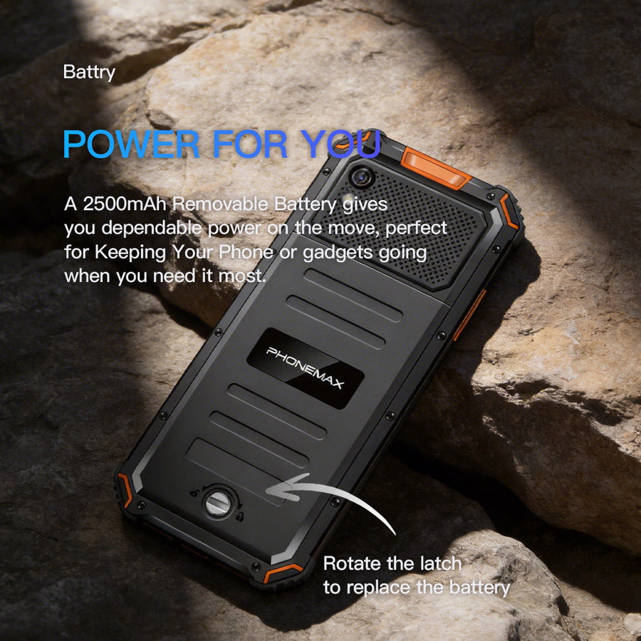 Rear view of a black and green Phonemax rugged keypad phone explaining its removable battery