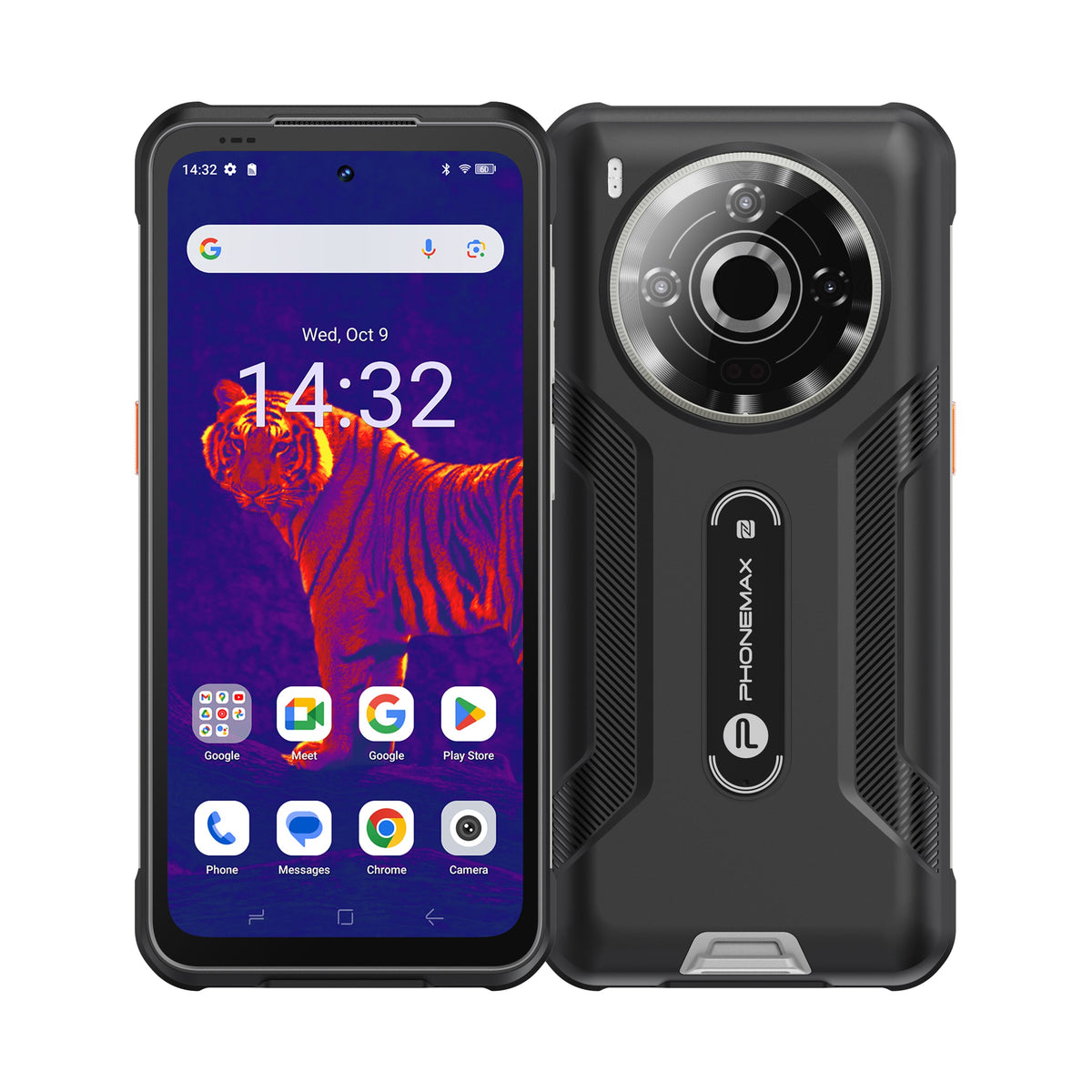 Black Phonemax P20 Pro rugged smartphone shown from the front and rear