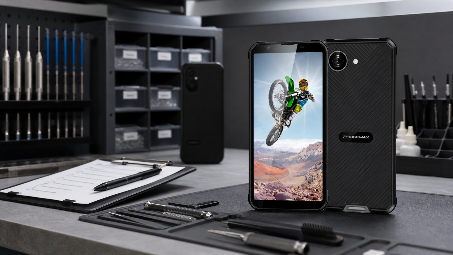 Phonemax X5 at a rugged-device repair readiness workstation