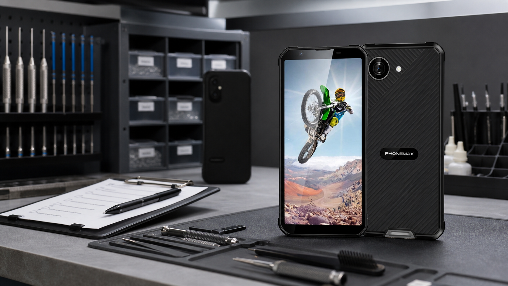 Phonemax X5 at a rugged-device repair readiness workstation