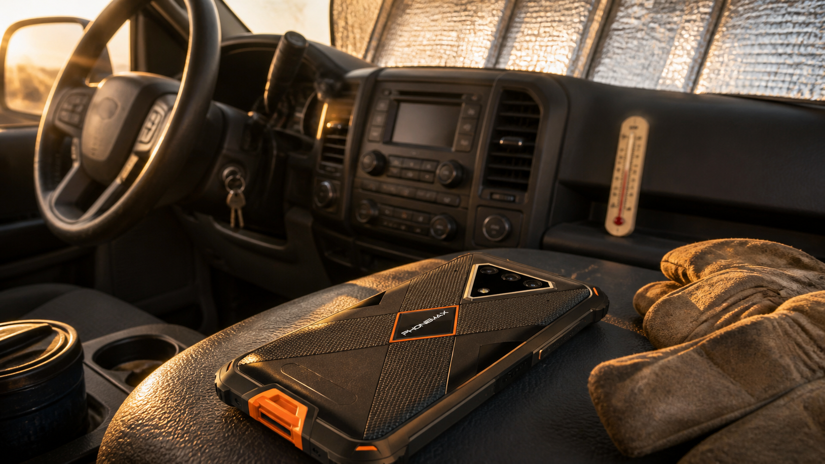Phonemax M10 in a sun-heated parked work vehicle