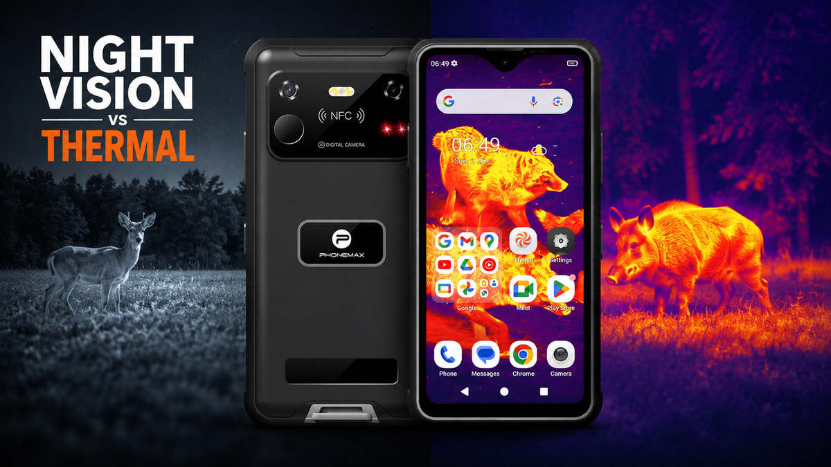 Phonemax R4 GT rugged phone comparing night vision and thermal imaging in field use