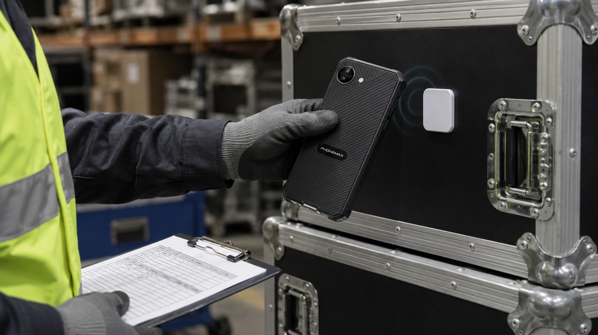 Phonemax X5 reading a generic NFC asset tag on a field equipment case