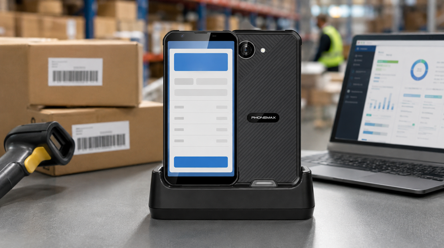 Phonemax X5 docked at a warehouse single-app kiosk deployment station