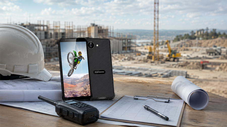Phonemax X5 at a construction supervisor planning station with drawings and radio