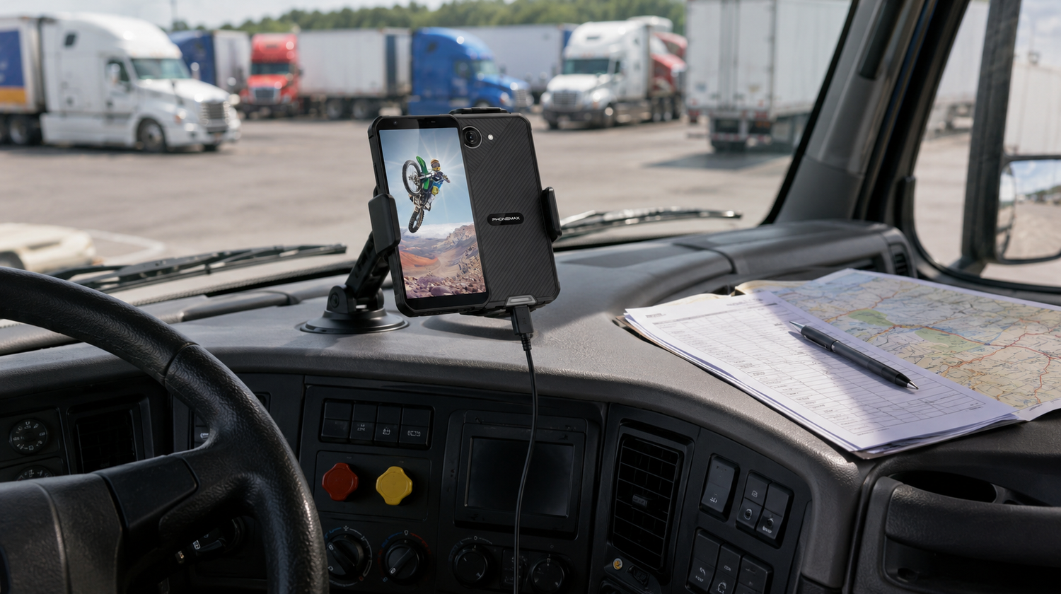 Phonemax X5 mounted in a safely parked truck cab with route paperwork