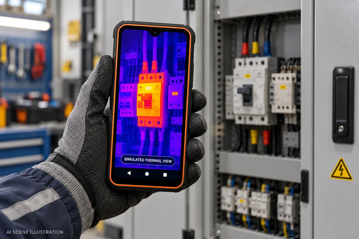 AI scene illustration of Phonemax R4 GT during an electrical equipment check with a simulated thermal view