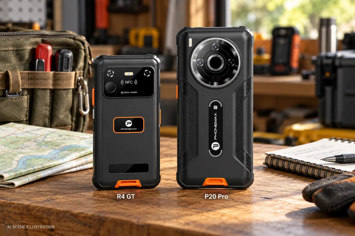 AI illustration based on official Phonemax R4 GT and P20 Pro product photos on a technician workbench