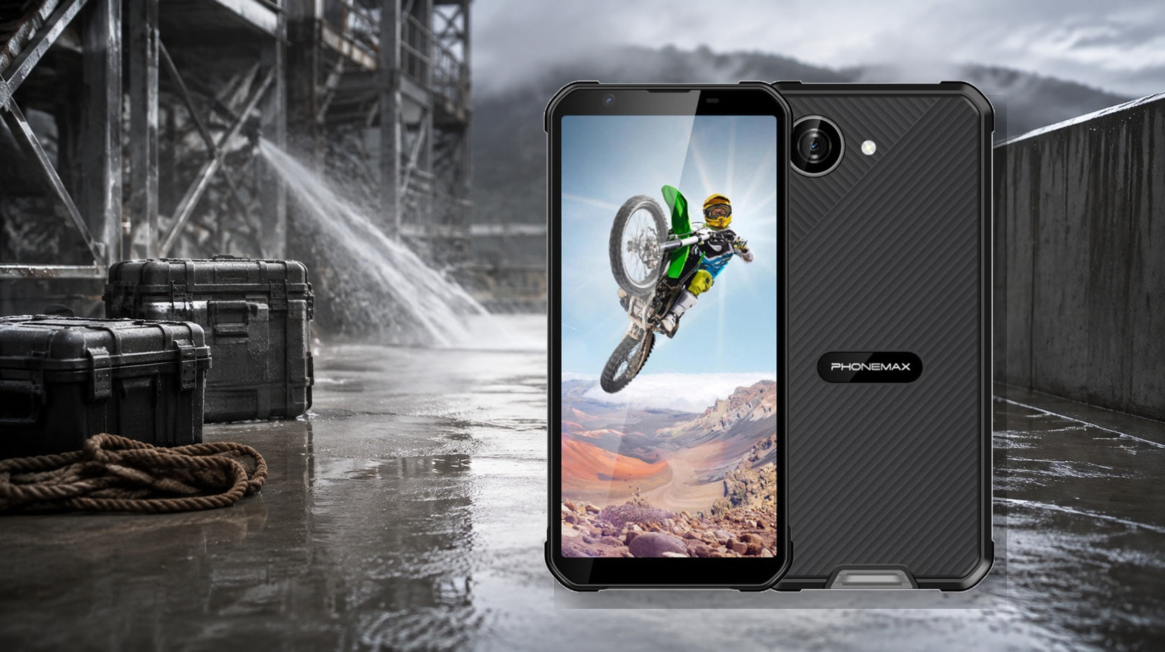 Phonemax X5 rugged phone at a wet industrial worksite for IP68, IP69K and durability comparison