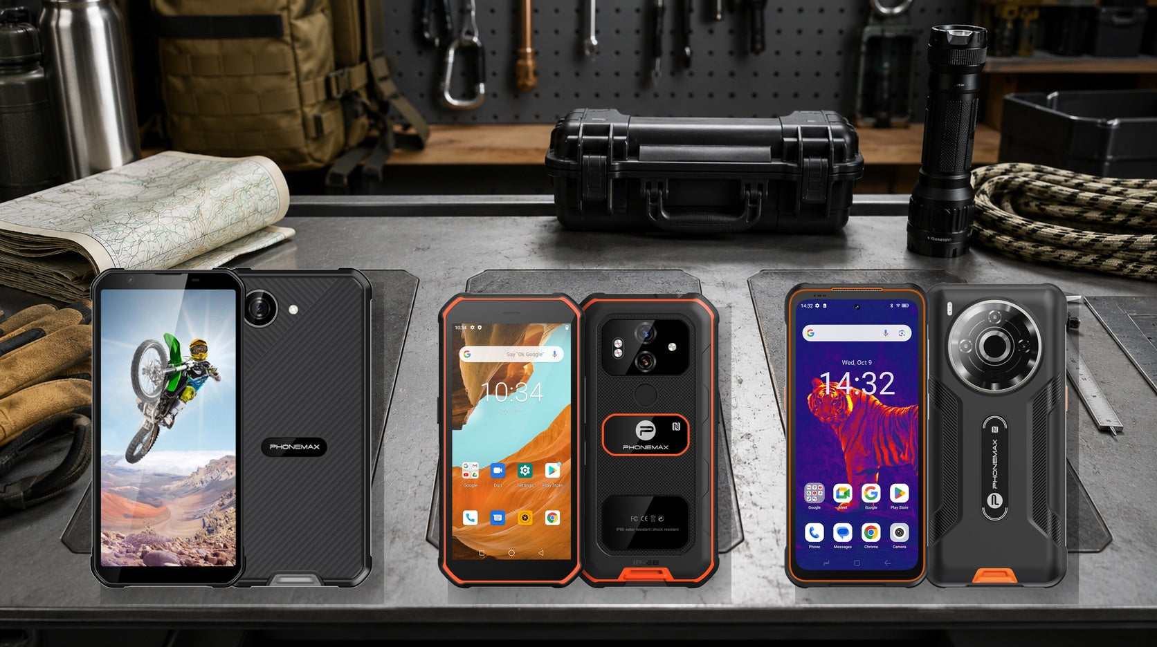 Phonemax X5, X3 and P20 Pro rugged phones on a buying guide comparison bench