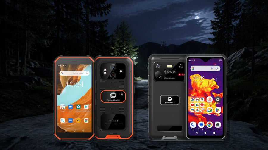 Phonemax X3 and R4 GT night vision rugged phones on a dark forest work trail