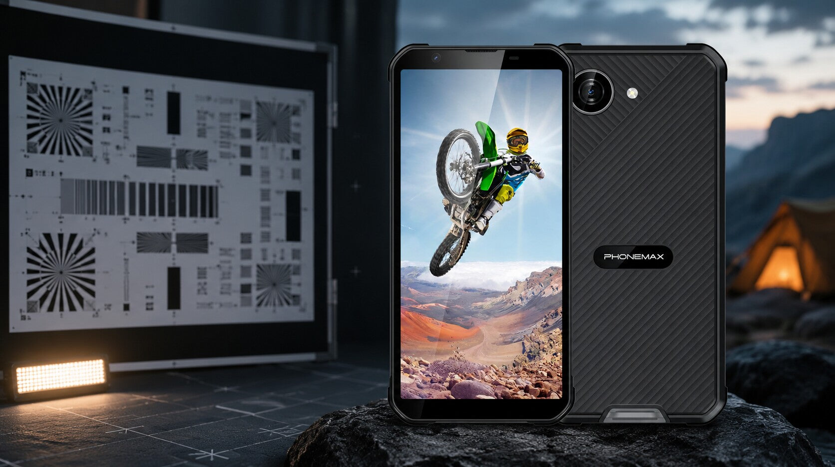 Phonemax X5 in a controlled rugged-phone camera evidence test scene