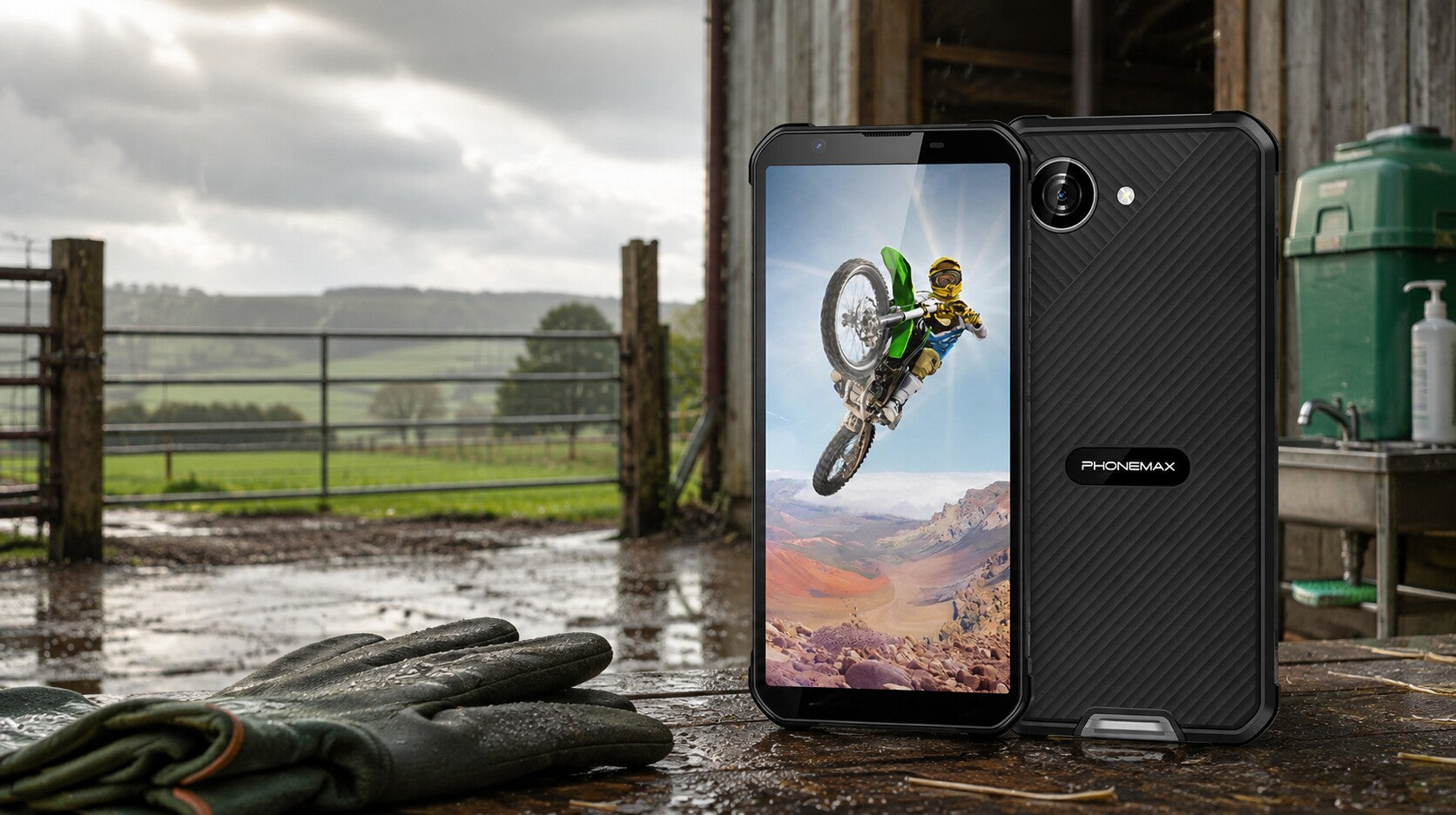 Phonemax X5 in a wet livestock-farm workflow and cleaning area