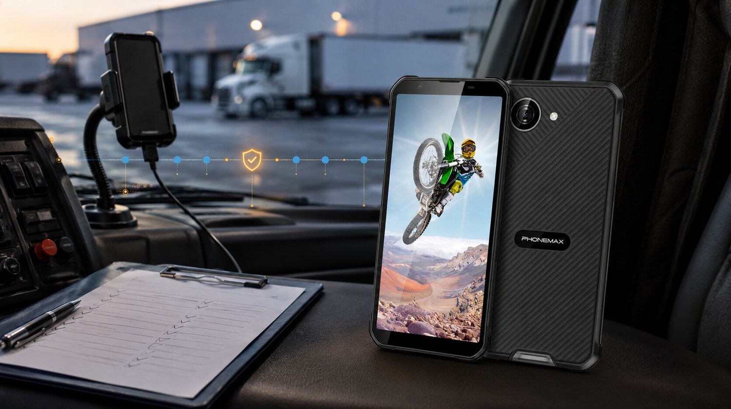 Phonemax X5 in a parked truck cab for downtime measurement