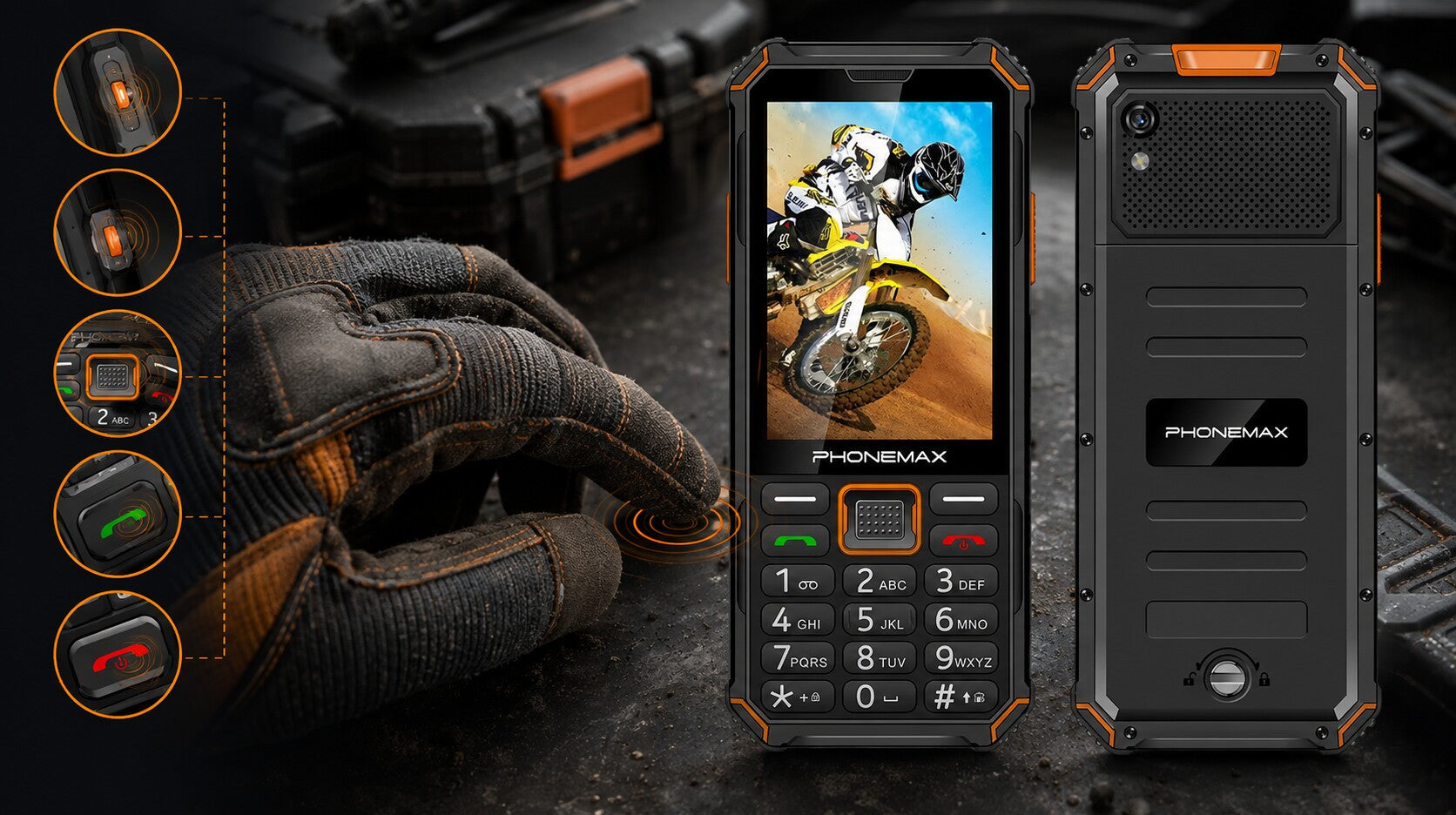 Phonemax F3 T in a gloved physical-button testing scene