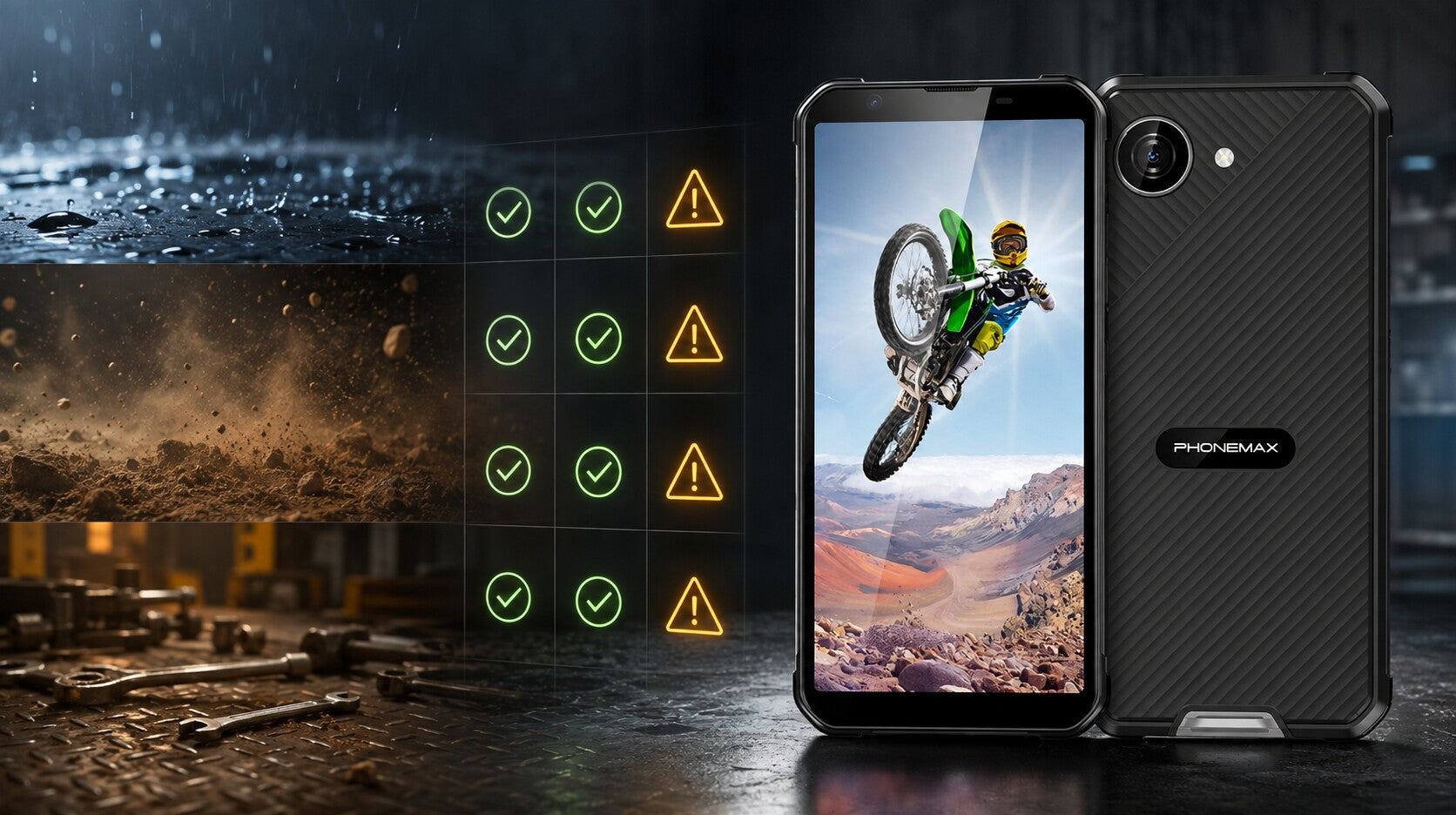 Phonemax X5 beside rain dust and workshop exposure risk checks