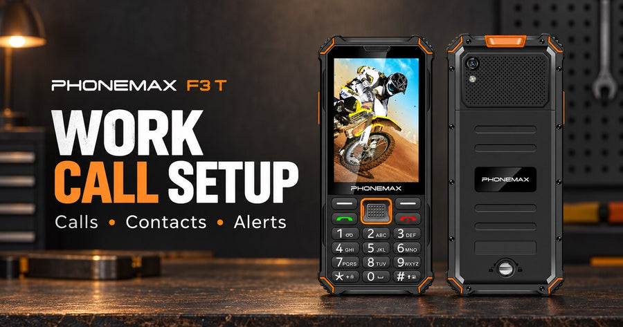 Phonemax F3 T front and rear views with work call setup heading