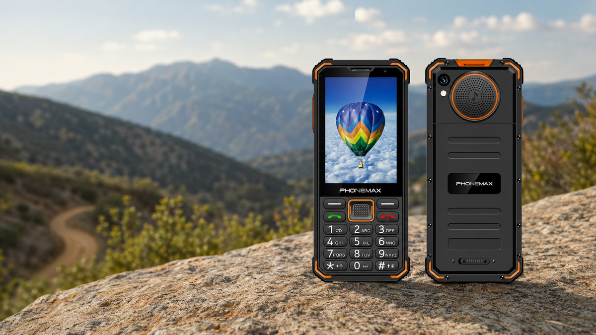 Phonemax F4 T Android keypad phone shown from the front and back outdoors