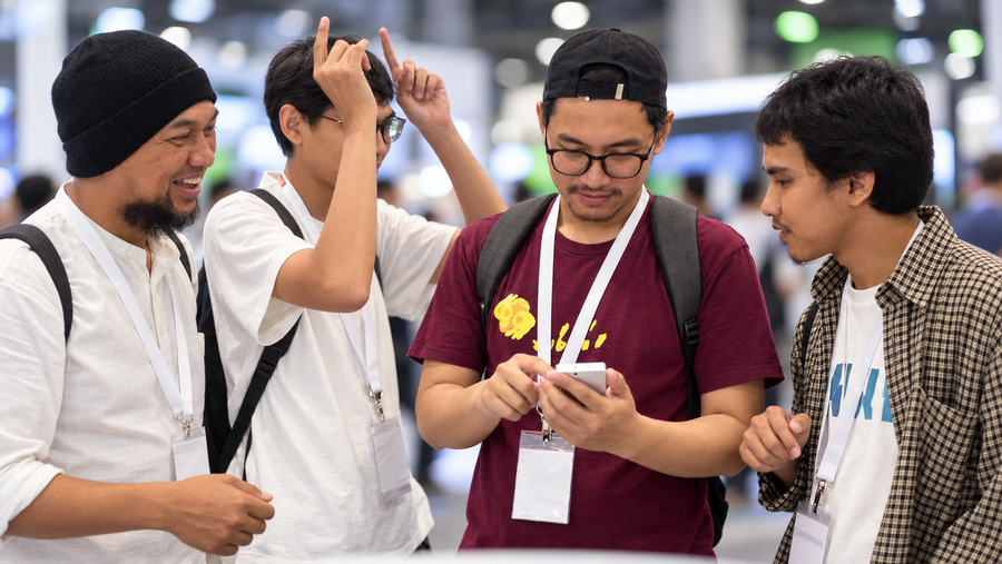 Visitors testing a Phonemax mobile device at Global Sources Indonesia 2026