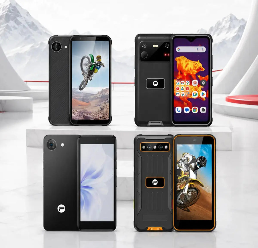 Four Phonemax compact and rugged mobile devices displayed together in a product lineup