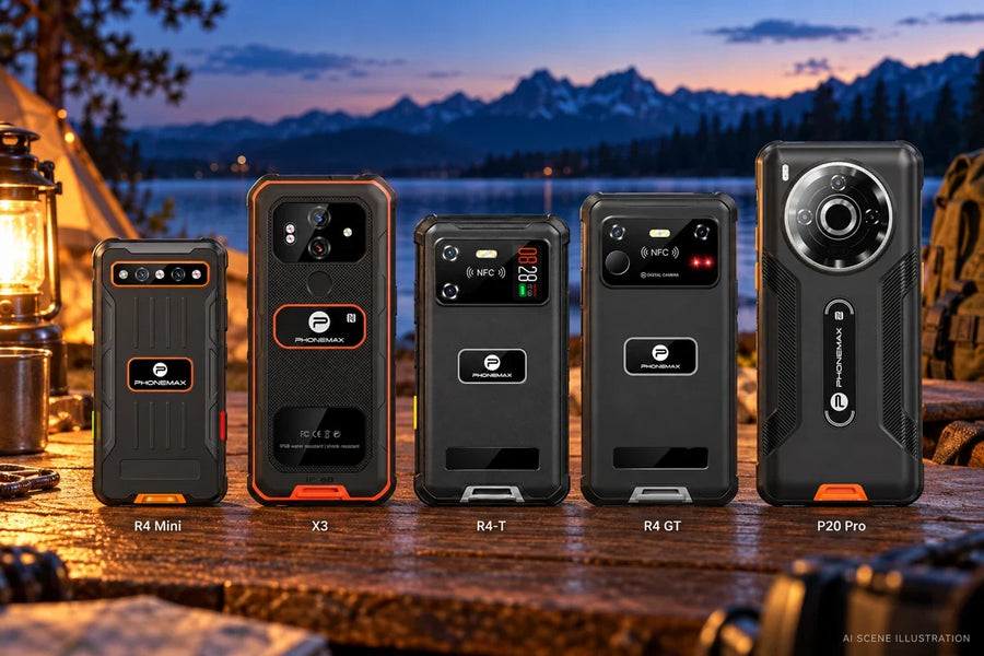 AI campsite scene showing R4 Mini, X3, R4-T, R4 GT and P20 Pro; five representative phones from the six-model guide