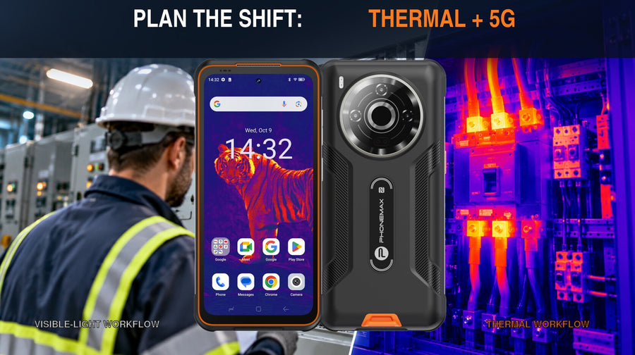 Phonemax P20 Pro rugged thermal 5G phone in visible-light and thermal inspection workflows