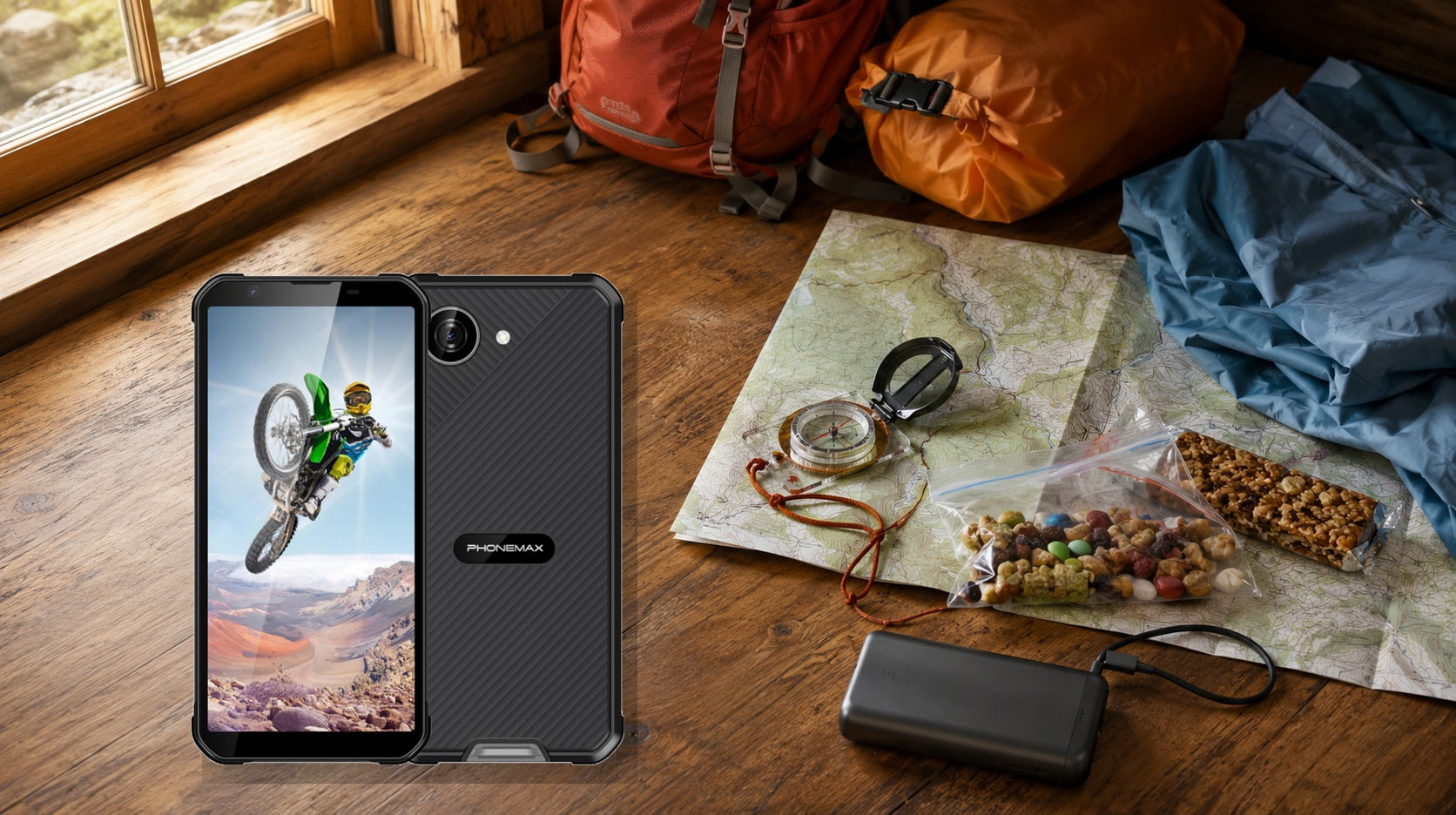 Phonemax X5 with map, compass and power bank for multi-day hiking preparation