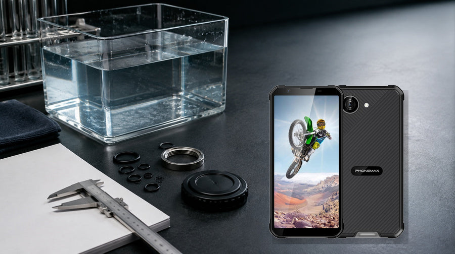 Phonemax X5 beside a controlled water-resistance evidence setup