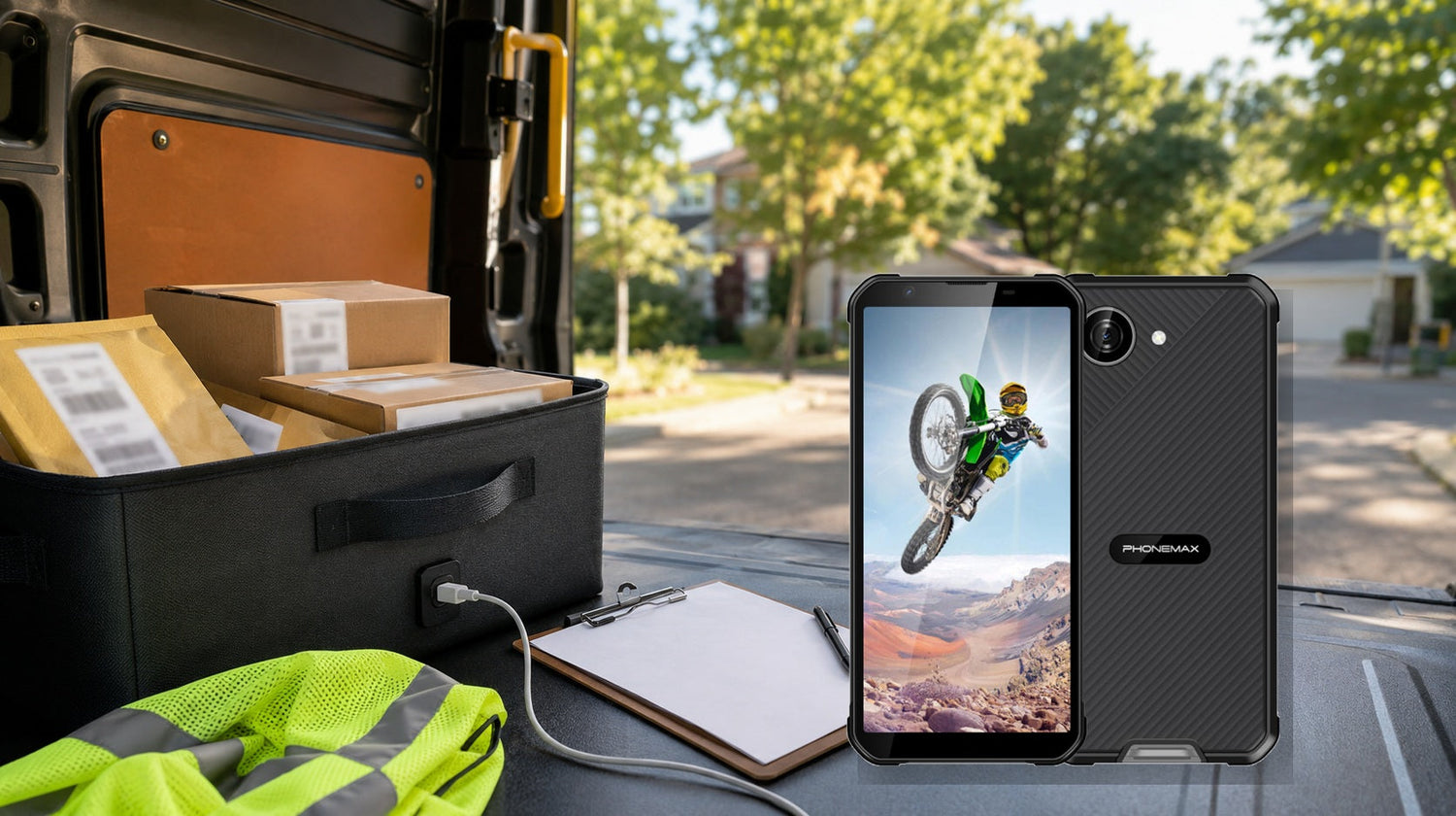 Phonemax X5 in a parked delivery vehicle during route preparation