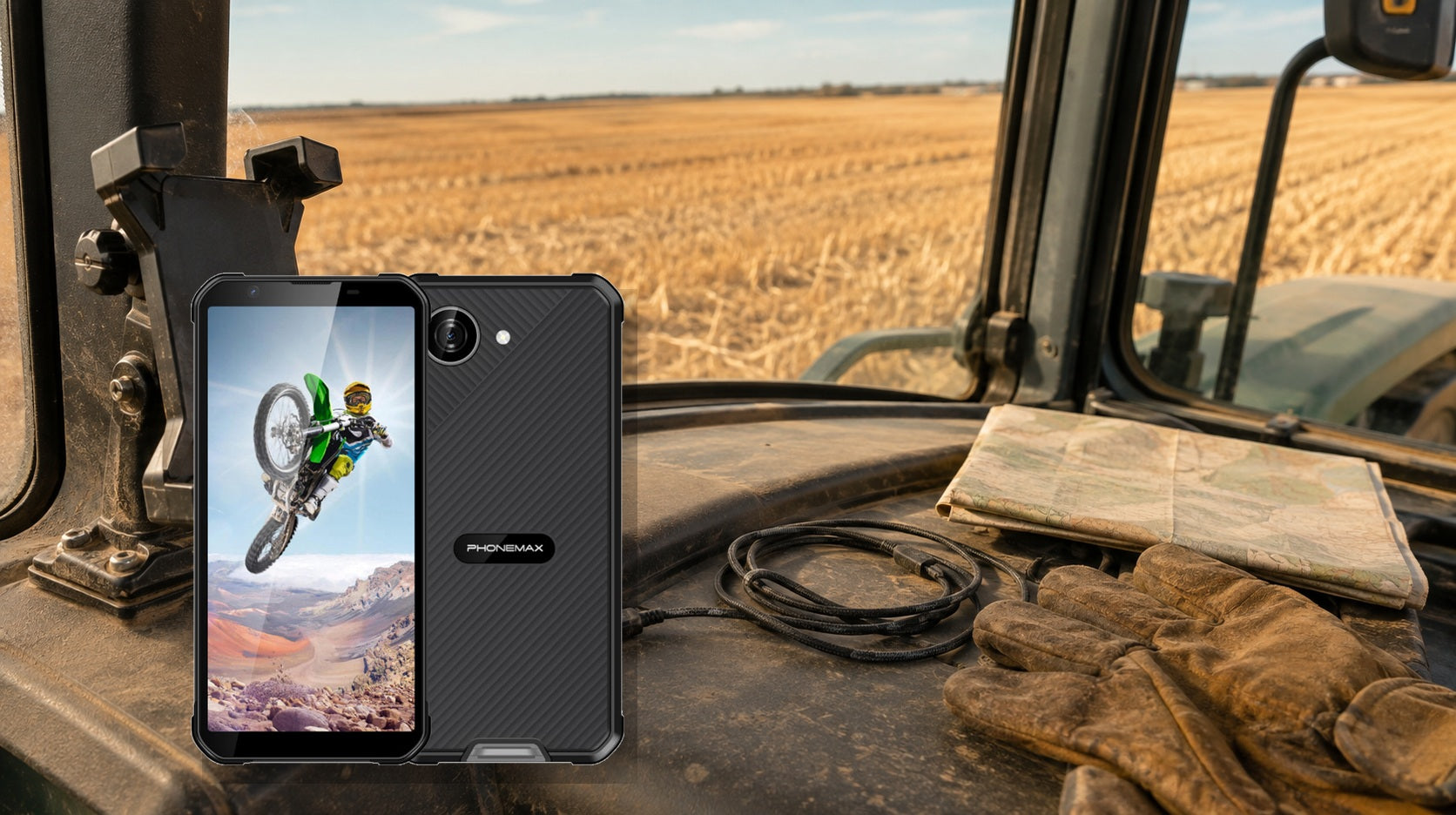 Phonemax X5 in a stationary tractor cab for an operator workflow check
