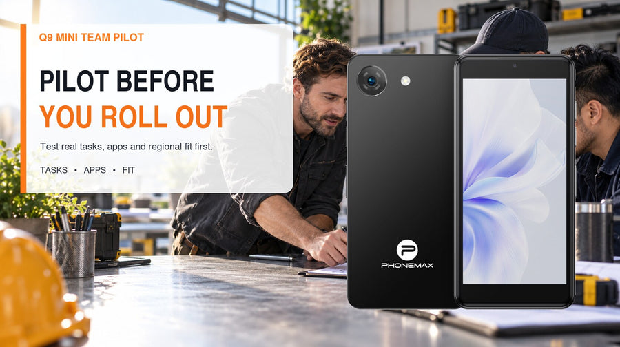 Phonemax Q9 Mini compact rugged phone in a team pilot evaluation workflow