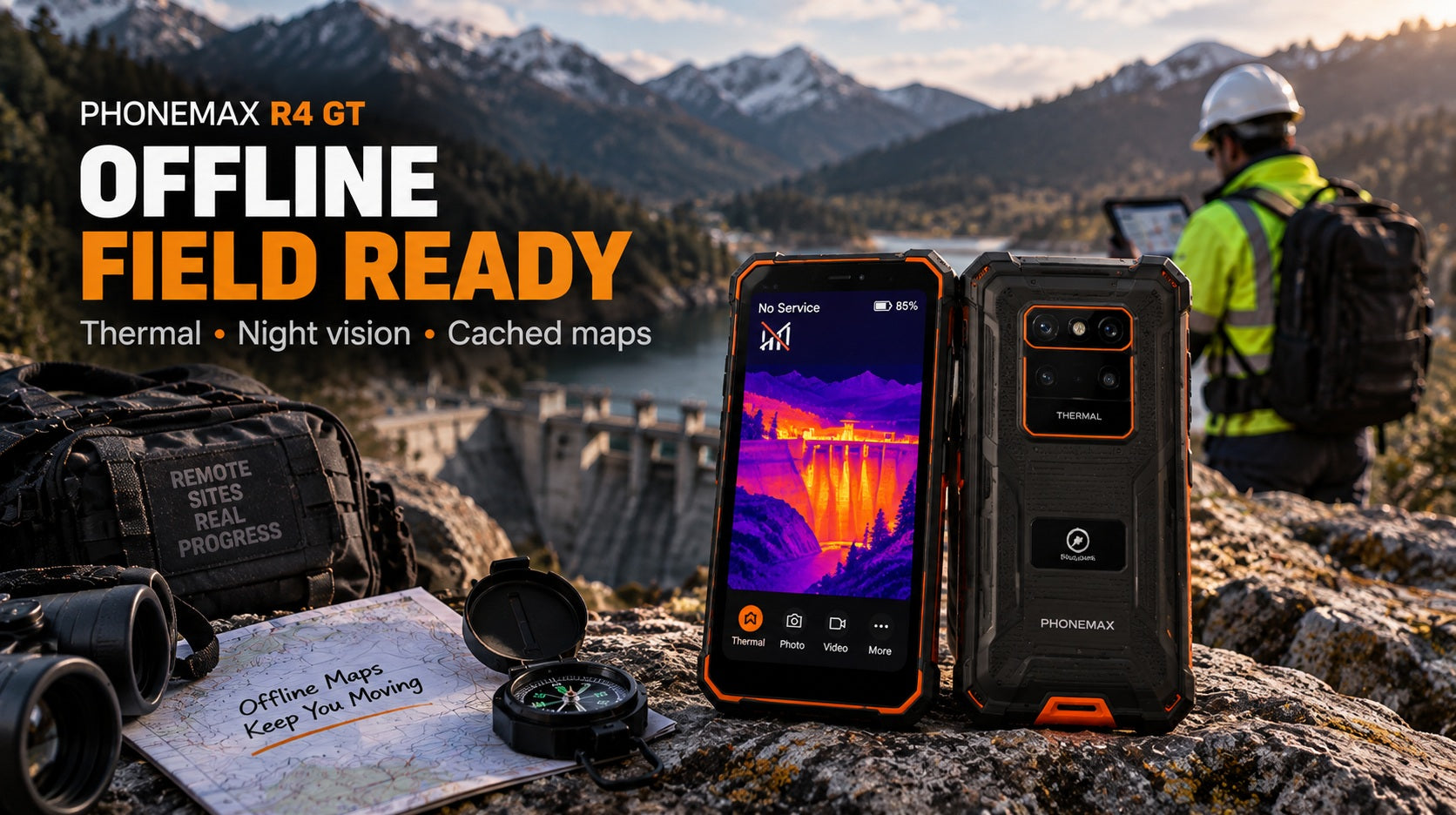 Phonemax R4 GT offline field use with thermal imaging, night vision and cached maps in a remote area