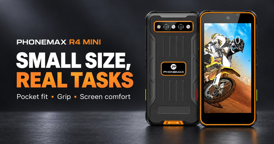 Phonemax R4 Mini front and rear views with pocket fit, grip and screen comfort heading