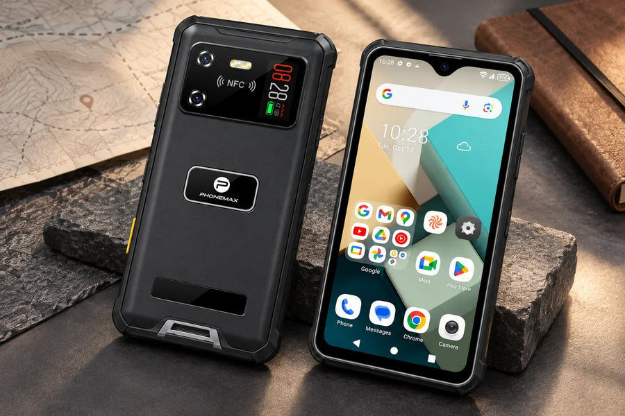 Phonemax R4-T front and rear views in a travel-themed product illustration