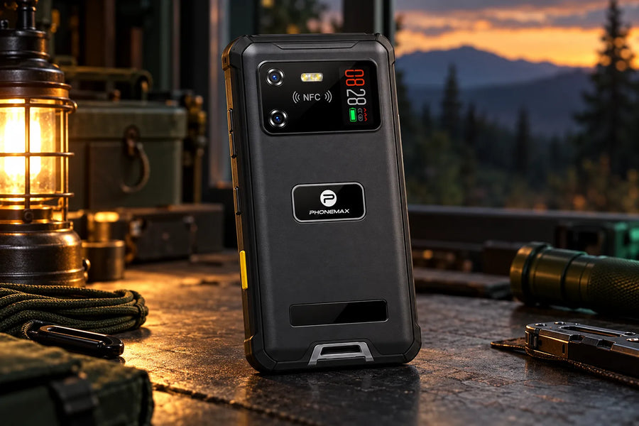 AI illustration of the Phonemax R4-T rear display on a workbench at dusk