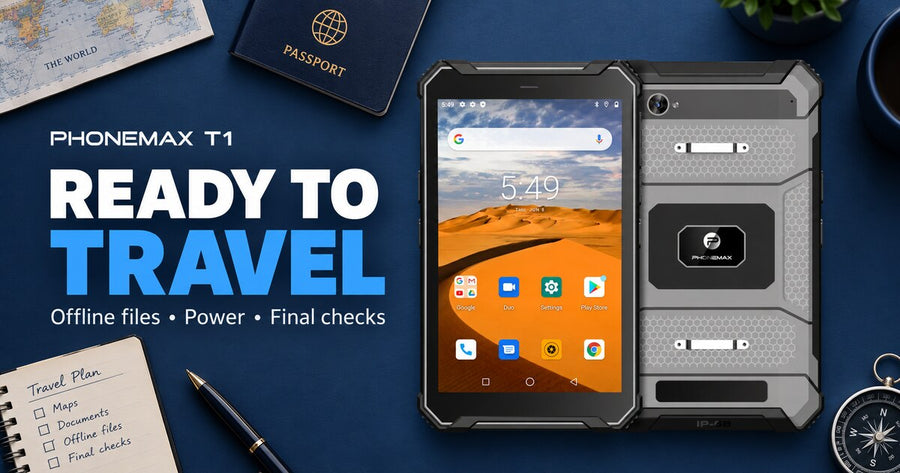 Phonemax T1 front and rear views on a travel planning background