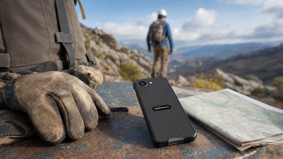 Phonemax X5 compact rugged smartphone on an outdoor work table with gloves and a map