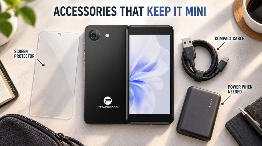 Phonemax Q9 Mini with screen protector, compact cable and optional power bank