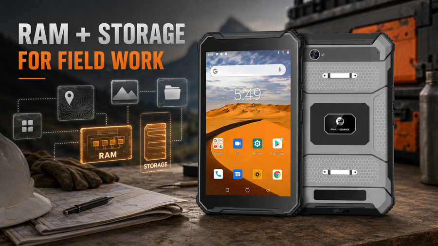 Phonemax T1 rugged Android tablet illustrating RAM and storage planning for field work