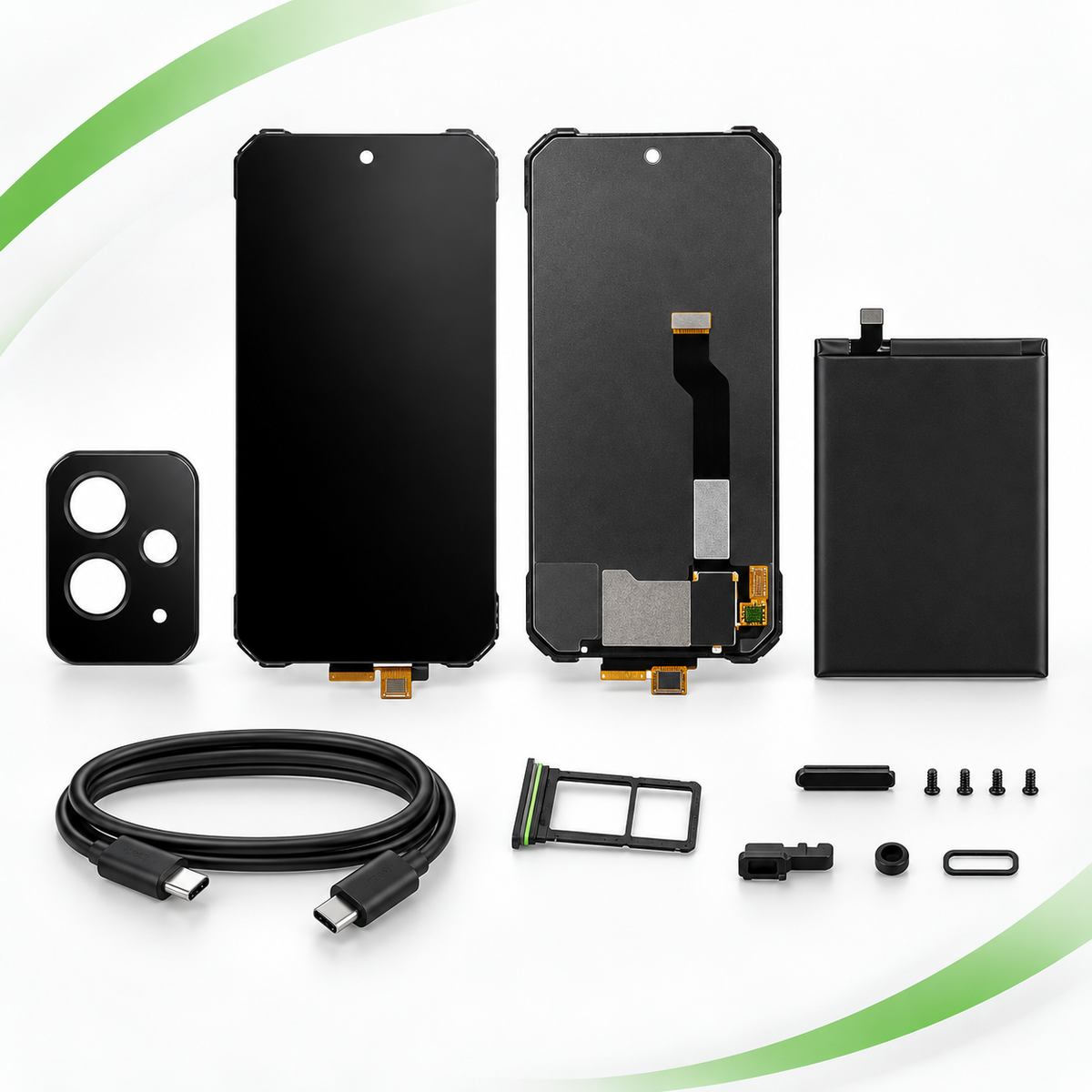 Phonemax replacement accessories including phone screens, camera lens cover, battery and charging cable
