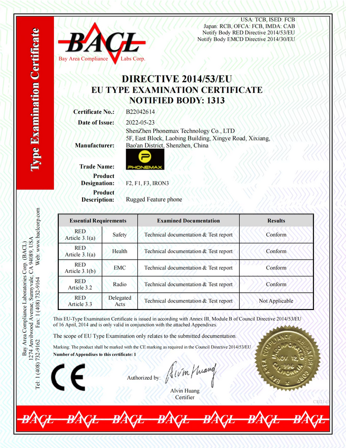 Phonemax EU Type Examination Certificate