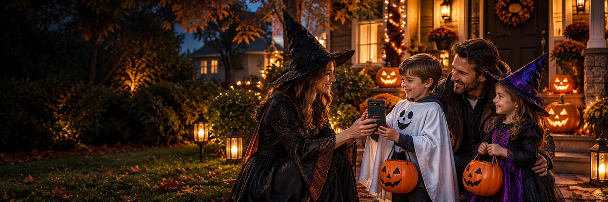 A family sharing a Phonemax mini phone at Halloween