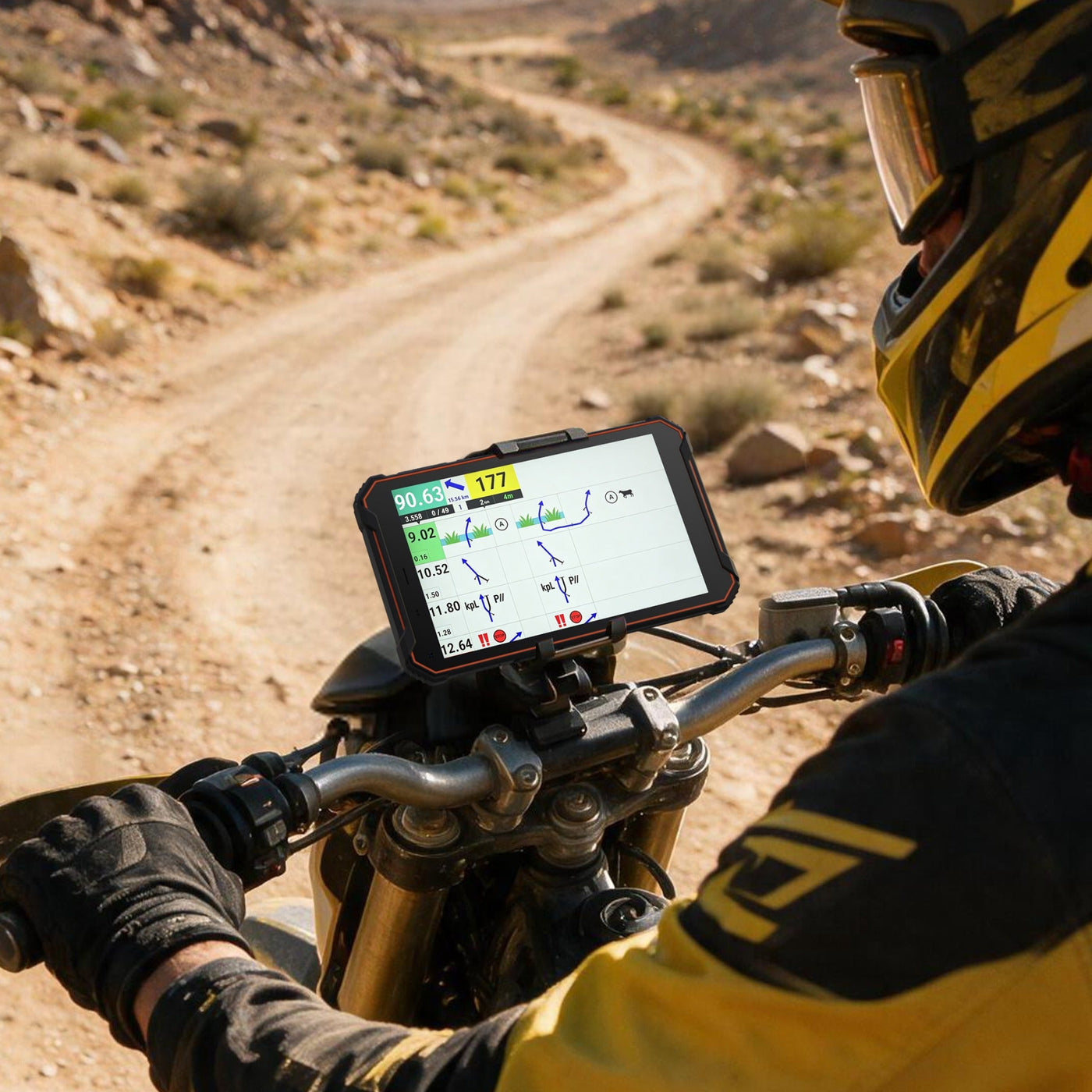 Phonemax N1 rugged rally roadbook navigation tablet mounted on a motorcycle